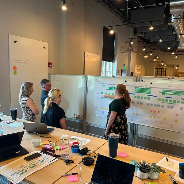 The nextpoint team meeting with clients around a whiteboard