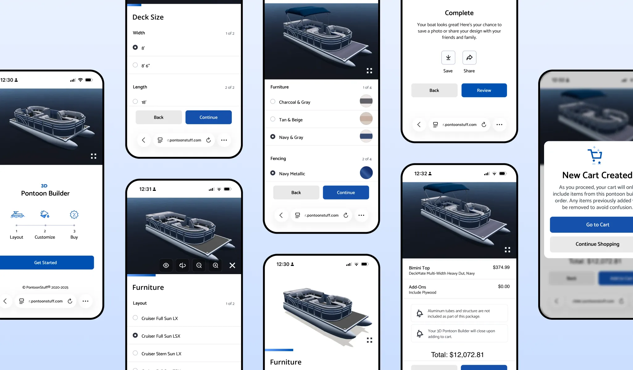 screens from a 3d pontoon configuration app on mobile phones